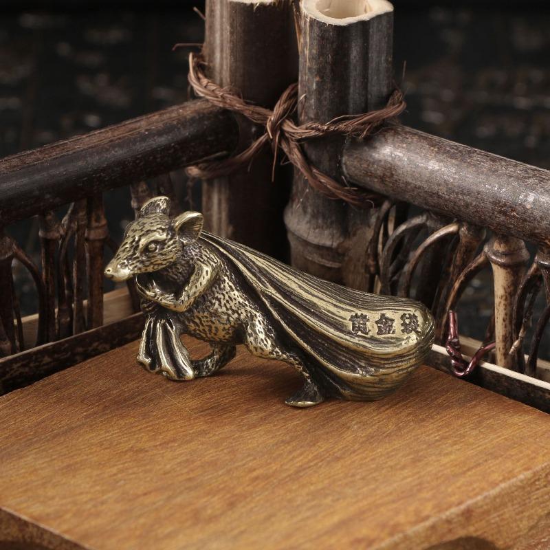 1pc Retro Brass Mouse Ornament,Lucky Mouse,Peach Figurine Miniatures,Cute Rat,Lucky Animal,Small Desktop,Home Decor