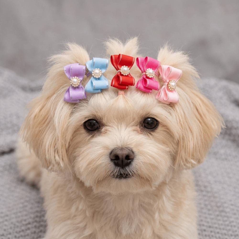 25Pcs Flat Shape Dog Bow Tie Elastic Band Pet Hair Band Reusable Pet Pearl Ornament Party Dress Up