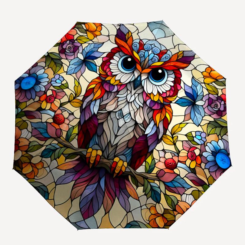 

1pc Stained Glass Owl Automatic Folding Umbrella - 8-Rib Compact Travel Umbrella Durable & Portable for Outdoor Use, Perfect Gift for Birthdays150