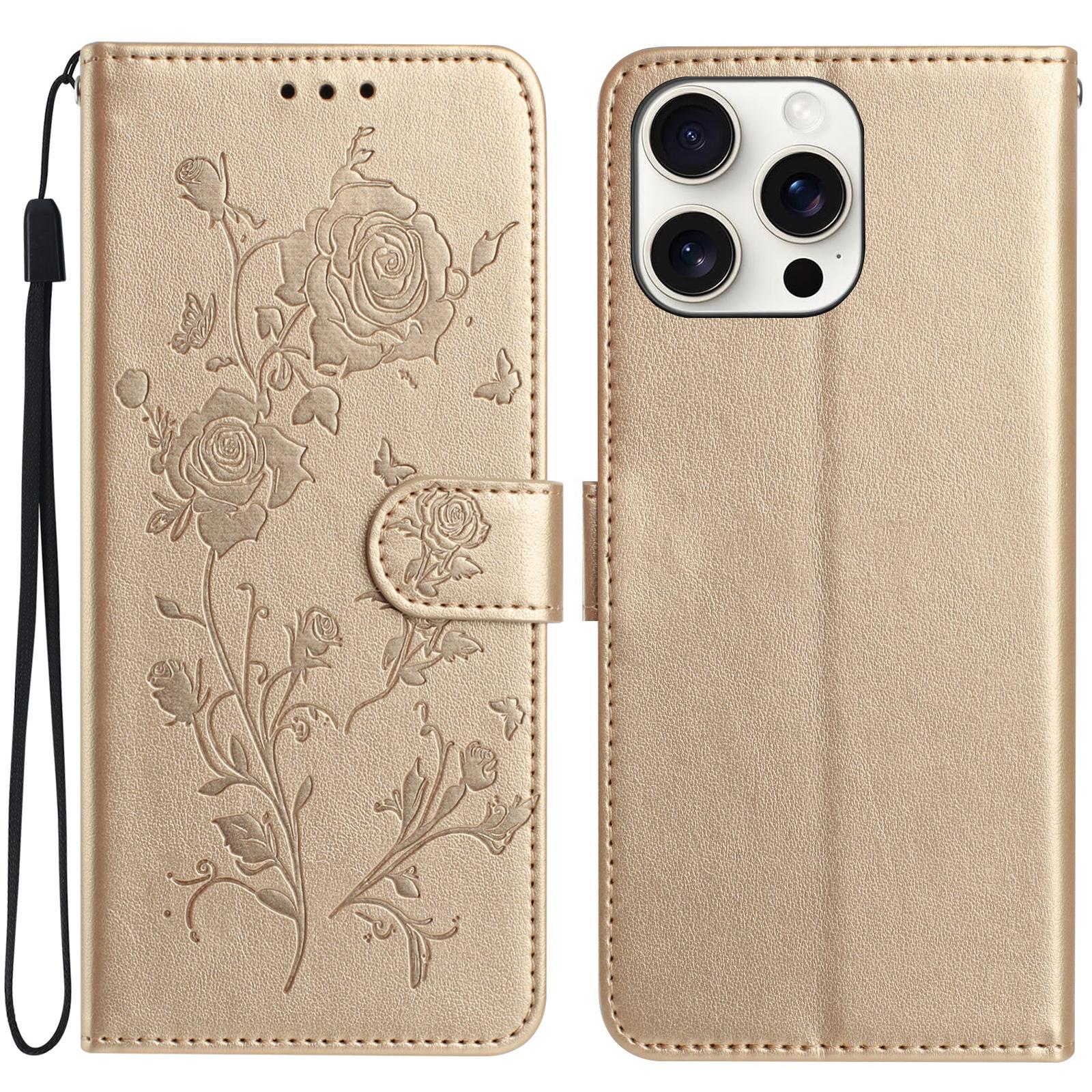 

For iPhone 15 Pro Max Wallet Case Rose Pattern Imprinted Leather Flip Stand Phone Cover Gold