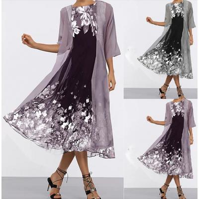 Two Piece Chiffon Printed Slim Fit Long Dress for Women, Fashion and Elegant