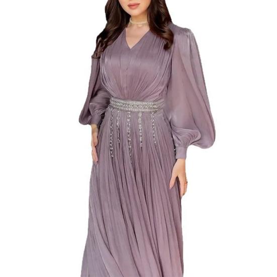 Women Maxi Dress V-Neck Puff Long Sleeve Waist-Hugging Design Long Dress Pleated