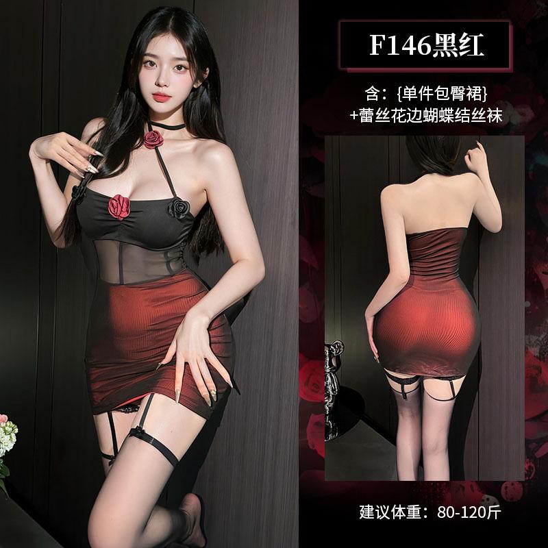Dark Wind Spice Girl Perspective Mesh Three-dimensional Flower Neck Sex Underwear Sexy Backless Slim Dress