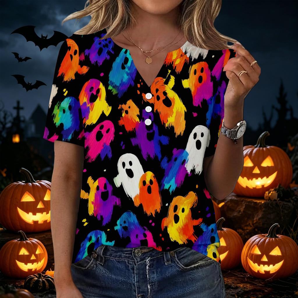 Women's Halloween Printed Loose Fit V Neck Short Sleeve Top with Pocket Casual Lightweight Blouse for Everyday Wear