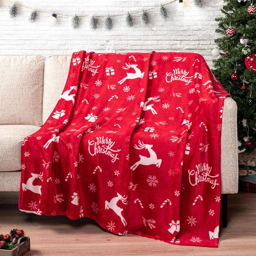Christmas Reindeer Snowflake Striped Flannel Throw Blanket, Red Xmas Pattern Warm Cozy Blanket for Couch Bed Winter Holiday Home Decor
