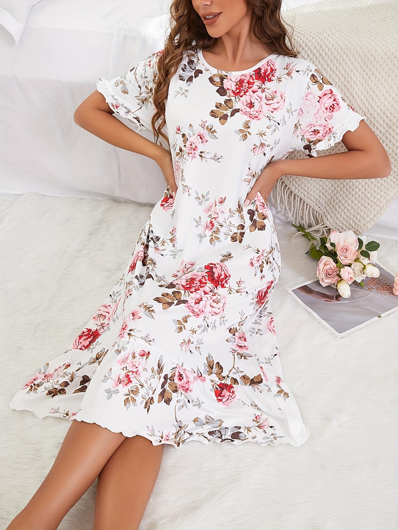 Women S Floral Print Ruffled Hem Short Sleeve Long Dress. Elegant Comfortable Nightgown for Home 5XL дубильная кора