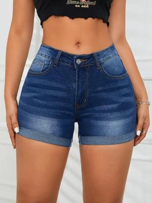 Women's Dark Blue Slim-Fit Stretchy Jeans Shorts with Multi-Process Folded Hem Design