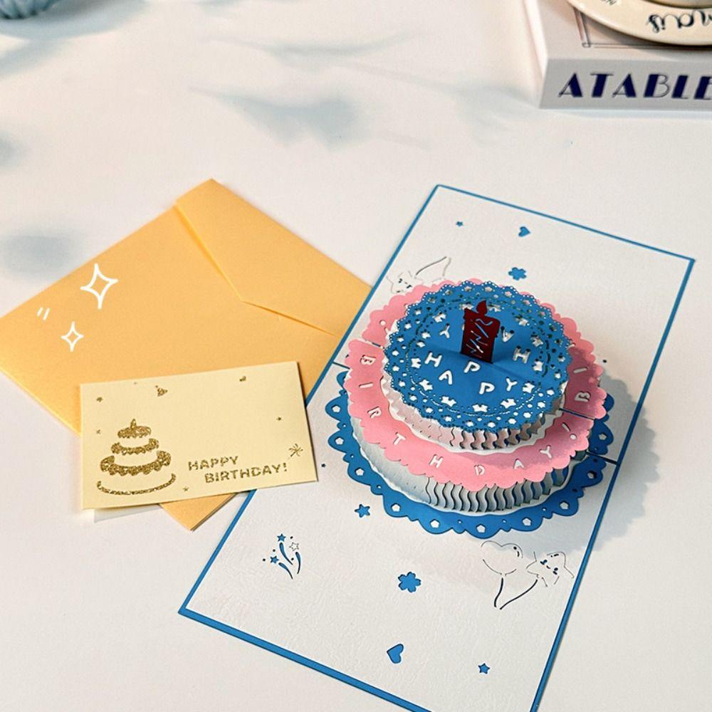 New 3D Pop-Up Happy Birthday Card 2-Layer Birthday Cake with Envelope Greeting Card Hollowed Out Flowers Foldable Gift Card