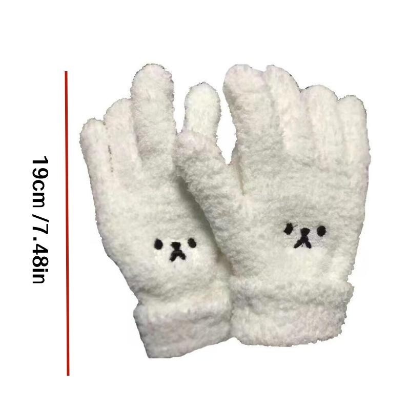 2/4Pcs (1/2 Pair) Coral Fleece Bear Embroidered Gloves, Thick Winter Warm Cartoon Anti-Cold Outdoor Cycling Gloves for Adults, Ins-Style Wi