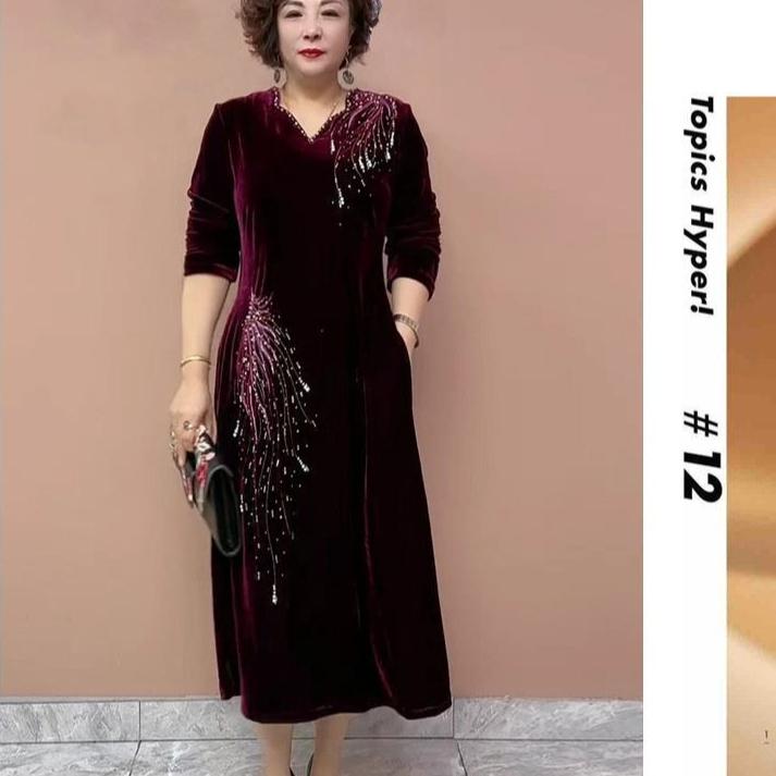 High-end Autumn Winter Retro Women's Velvet Plus-Size Dress V-neck Rhinestone Loose Long A-Line Casual Dress