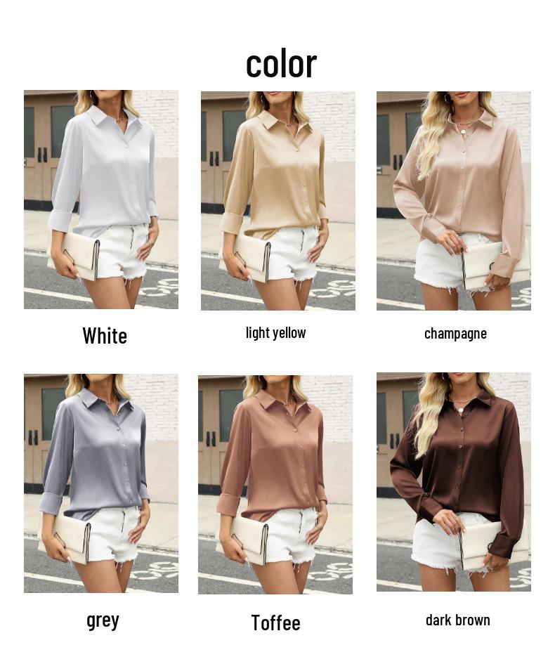 Elegant Women's Solid Color Satin Long Sleeve Shirt with Retro Buttons