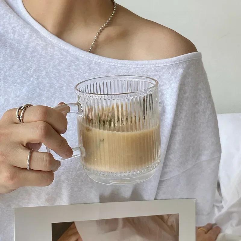 Glass Drinkware 320ml Coffee Mugs Transparent Glass with Handle Tumbler for Home Striped Cup Water Bottle for Women Coffee Cups