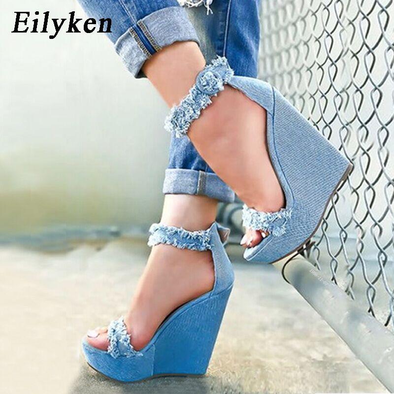 Eilyken Designer Denim Sandals Summer Woman High Quality Wedges High Heels Peep Toe Platform Roman Shoes