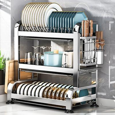 Flash Sales Drain Rack Stainless Adjustable Multifunctional 2 Tier Dish Bowl Drain Rack With Drainboard For Cutlery Storage Hold