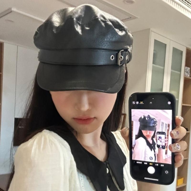 PU Painter Hat Flat Hat British Beret for Dating Photography Cabbie Headwear Painter Hat with Star Grommet Hat