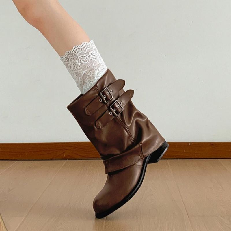 Fashion Cowgirl Boots 2025 Autumn Vintage Western Thick Heels Women Boots Fashion Belt Buckle Slip On Mordern Short Boots Mujer
