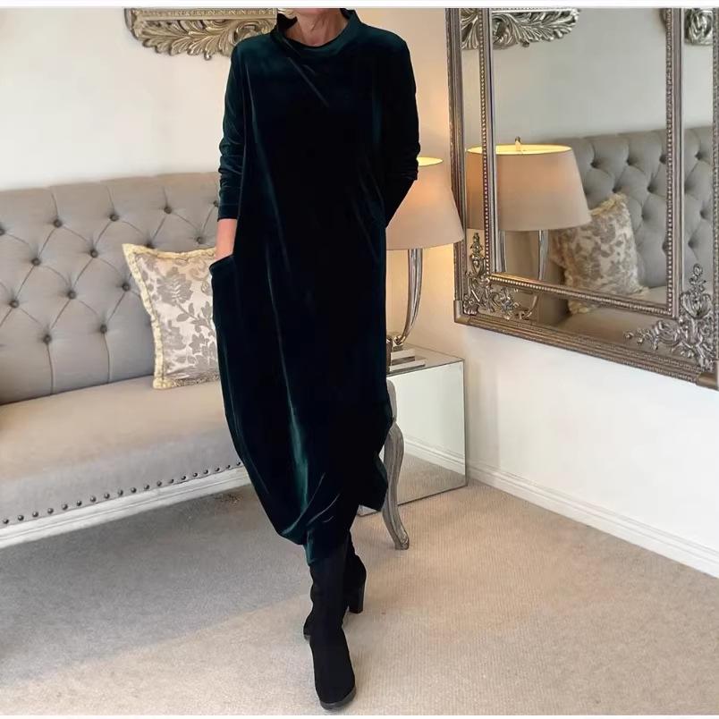 2026 Spring Slimming Velvet Dress - European & American Style, Round Neck, Long, Comfortable, Fashionable.