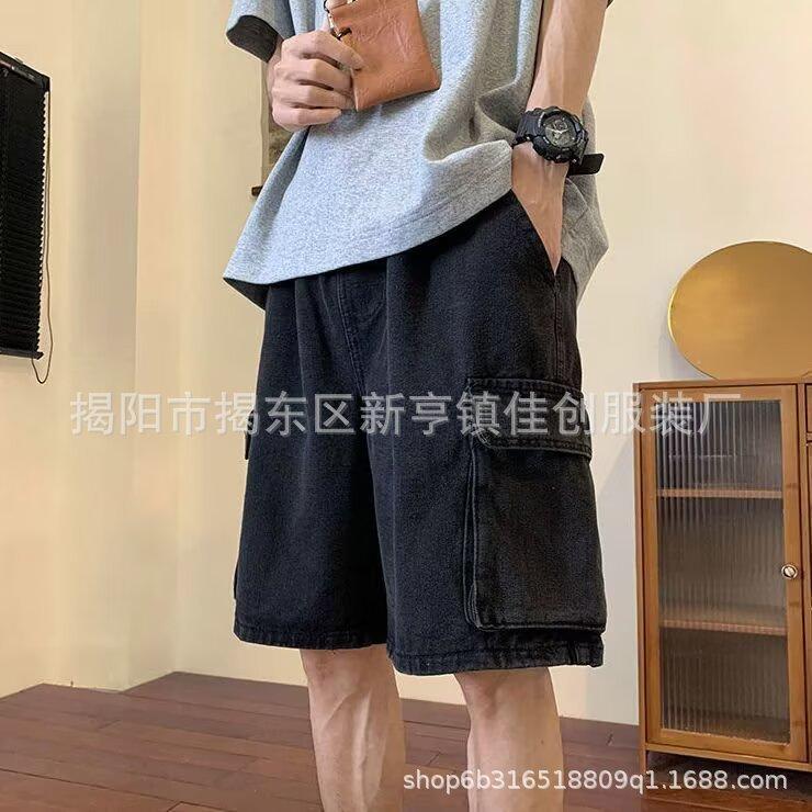 Unisex Elastic Waist Cargo Shorts Loose Straight Leg Denim Shorts Solid Washed Hip Hop Streetwear Summer Bermuda Shorts
