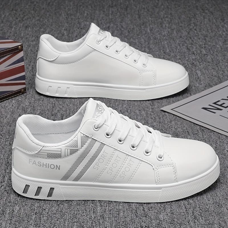 Men's Lace-Up Sneakers - White with Blue & Red Stripe Design, Breathable PU Upper, Durable PVC Sole, Comfortable Casual Shoes for Casual Attire