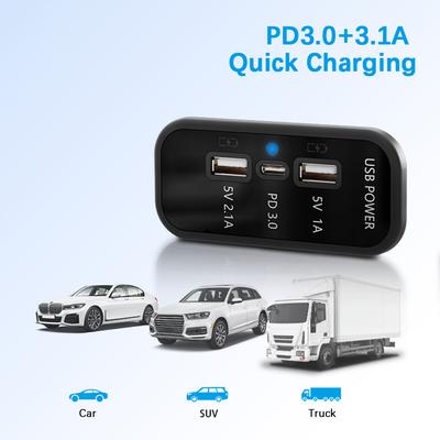 Adaptador de carga para automóvil con salida USB dual de 12/24 V, toma de cargador USB de 3 puertos, panel de carga rápida, montaje en pared