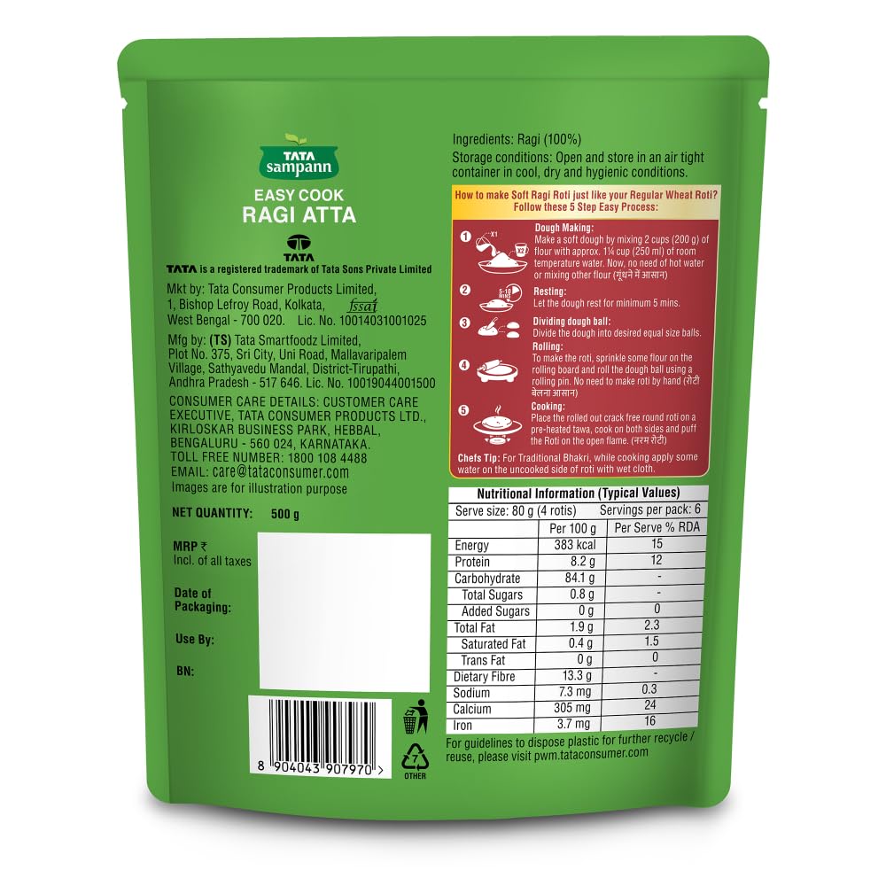 Tata Sampann Easy Cook Ragi Atta 500g Millet Flour Rich In Fibre & Calcium For Soft Crack-Free Rotis And Easy Kneading