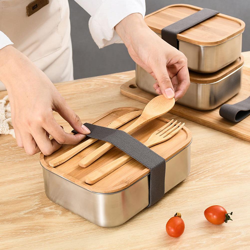 Stainless Steel Bento Lunch Box Metal Containers Wood Lid with 3Pcs Cutlery Set Lunch Box for