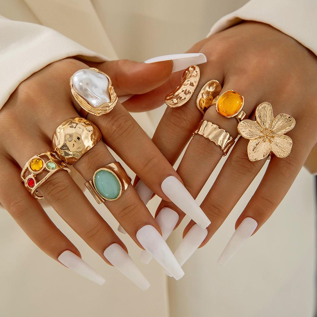 Tocona New Fashion Luxury Imitation Pearl Open Ring Sets for Women Elegant Gold Color Ring Party Jewelry Accessories