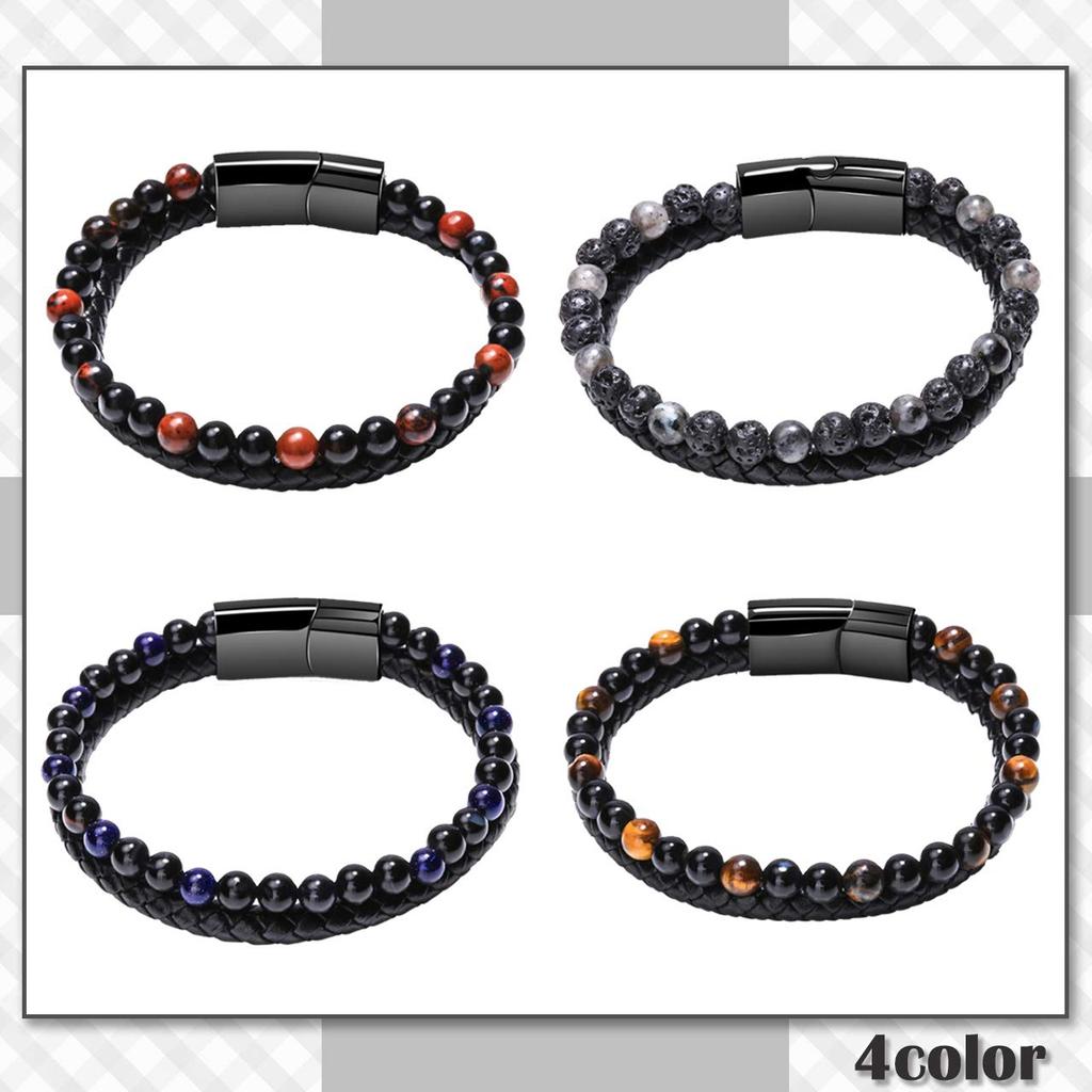 Chrome Crane Men's Bracelet with Natural Stones and Leather, Stylish Jewelry Accessory, WB117 (03.Gray)