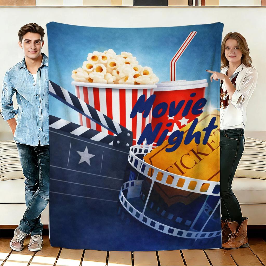 Movie Night Popcorn Flannel Blanket Soft Cozy Throws Napping Travel Use