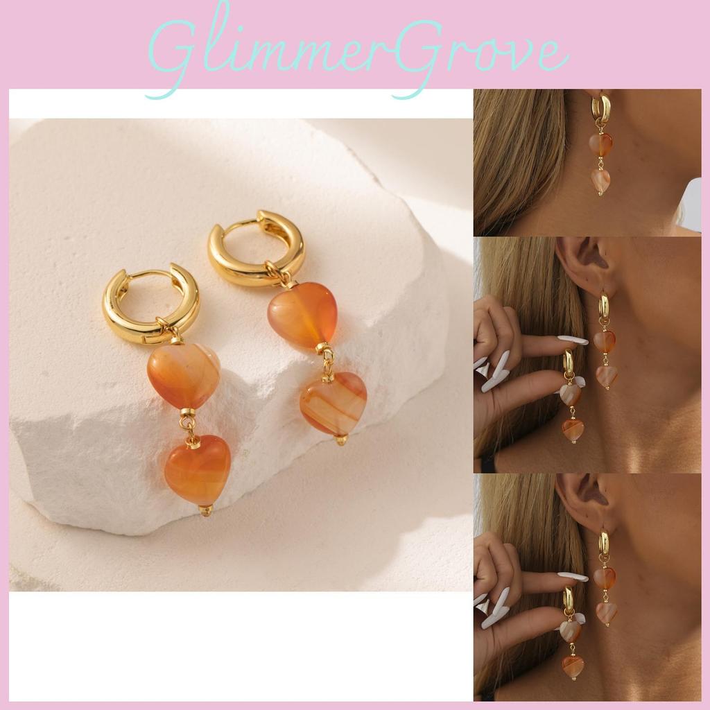 Elegant Heart-shaped Natural Stone Earrings For Women Orange Copper Plated
