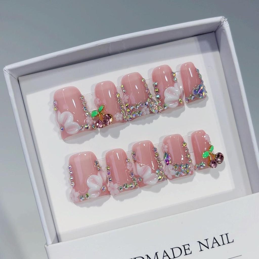 10-Piece Gold Butterfly & Pink Flower Duckbill Wearable Nails