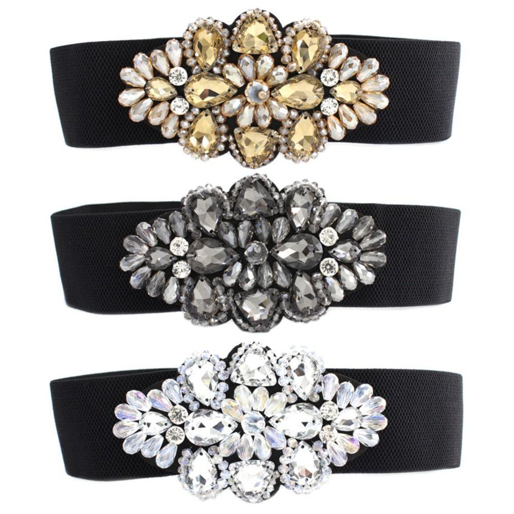 Korean Style Elastic Cummerbunds Flower Rhinestone Waist Belt Casual Women Waistband  Sweater