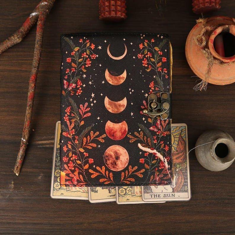 Handmade Moon Phases Leather Journal - Vintage Grimoire with Deckle Edge Paper | Witchcraft, Spell Book, Lunar Diary, Gift for Women & Men