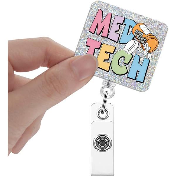Med Tech Badge Reels Retractable Glitter with Clip, Funny Badge Holder Gift for Nurse Medical Technician Pharmacy Tech Laboratory Specialist Nursing