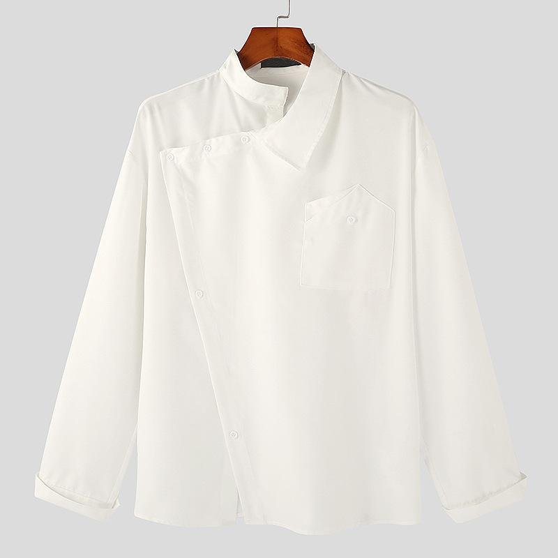 Men's Spring and Autumn Four Seasons Models Plus Size Solid Colour Irregular Lapel Shirt Buckle Long Sleeved Shirt