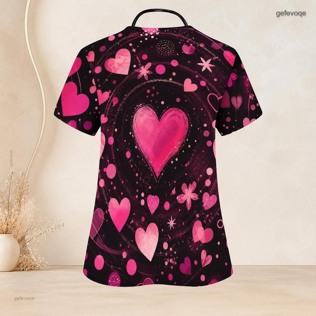 Women Plus Size V Neck Short Sleeve Scrub Top Pink Watercolor Heart Valentine Print Nurse Uniform Top