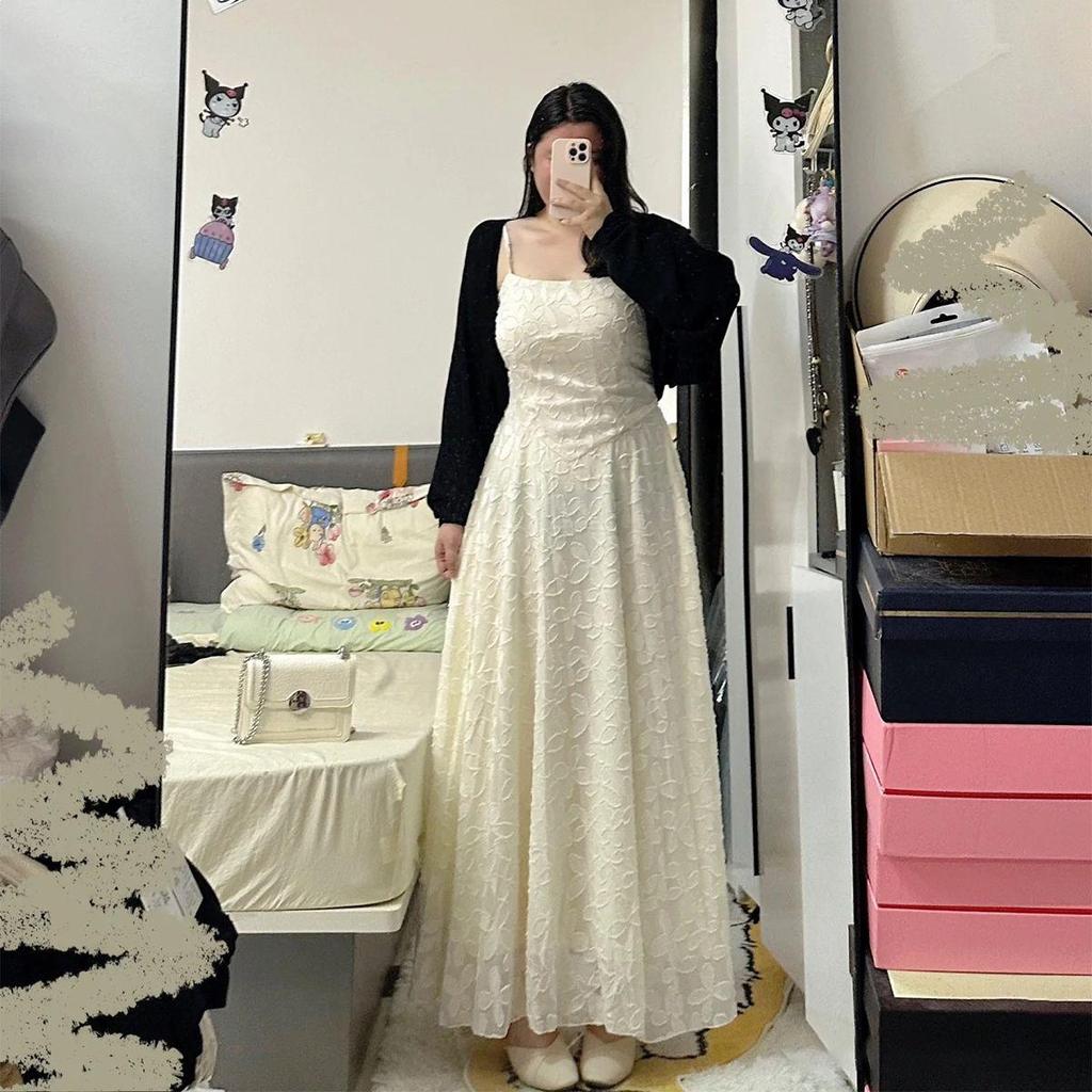 Elegant French Lace Spaghetti Strap Maxi Dress & Cardigan Set