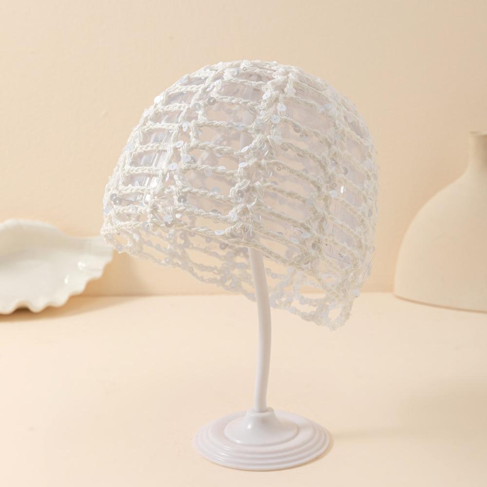 Solid Color Hollowed Out Knitted Hat Thin Weave Cap Casual Crochet Sequined Hat Spring Summer