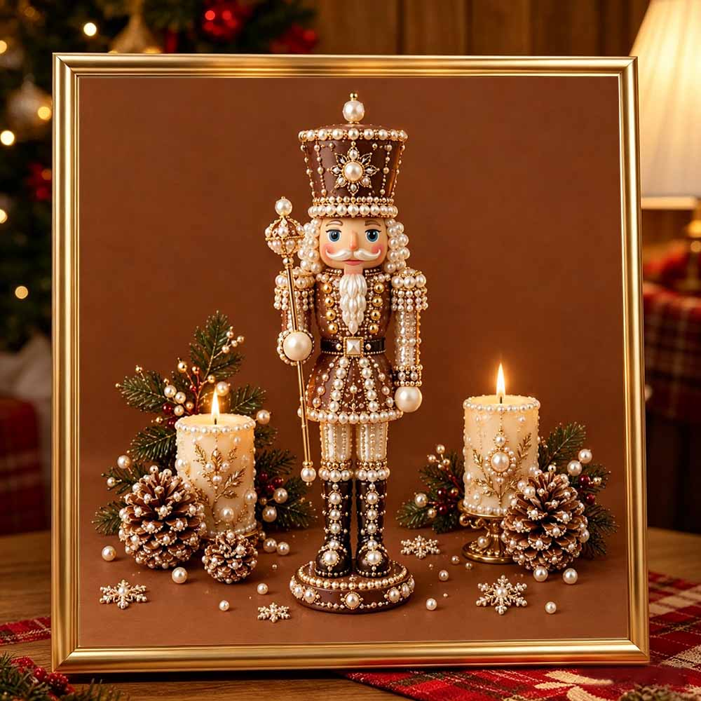 DIY Framed Pearl Painting Kit with Nutcracker Soldier 5D Sparkling Bead Art Canvas Ready to Display Home Decor Christmas Gift Idea