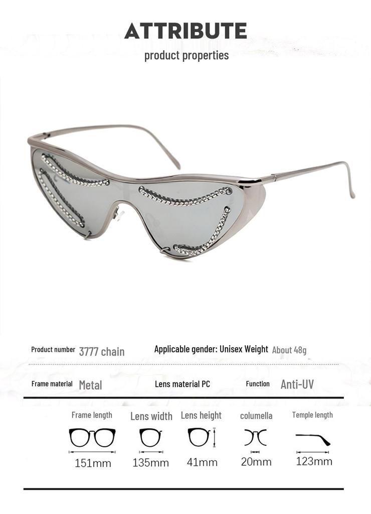 Trendy Cat Eye Chain Sunglasses with Cross Metal Frame – Fashionable European & American Design