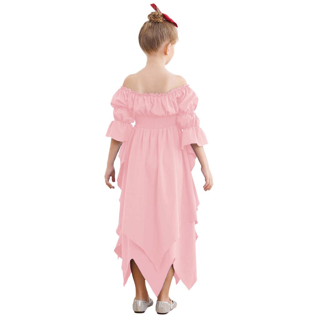 Girl's Renaissance Halloween Fancy Dress Costume Cold Shoulder Smocked Irregular Hem Dresses