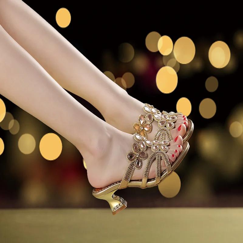 Fashion Summer Cute Sweet Diamond Crystal Mid Heel Open Toe Sandals Women's Casual Gold Party Nightclub Comfortable Sandals