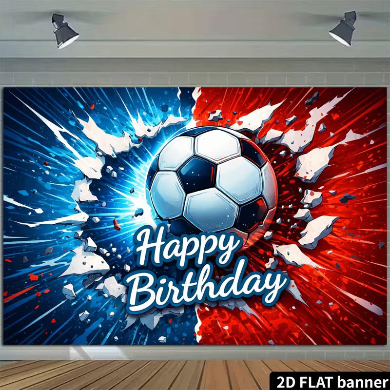 2D Kids Football Birthday Backdrop, Red Blue Burst Soccer Ball Decoration Background