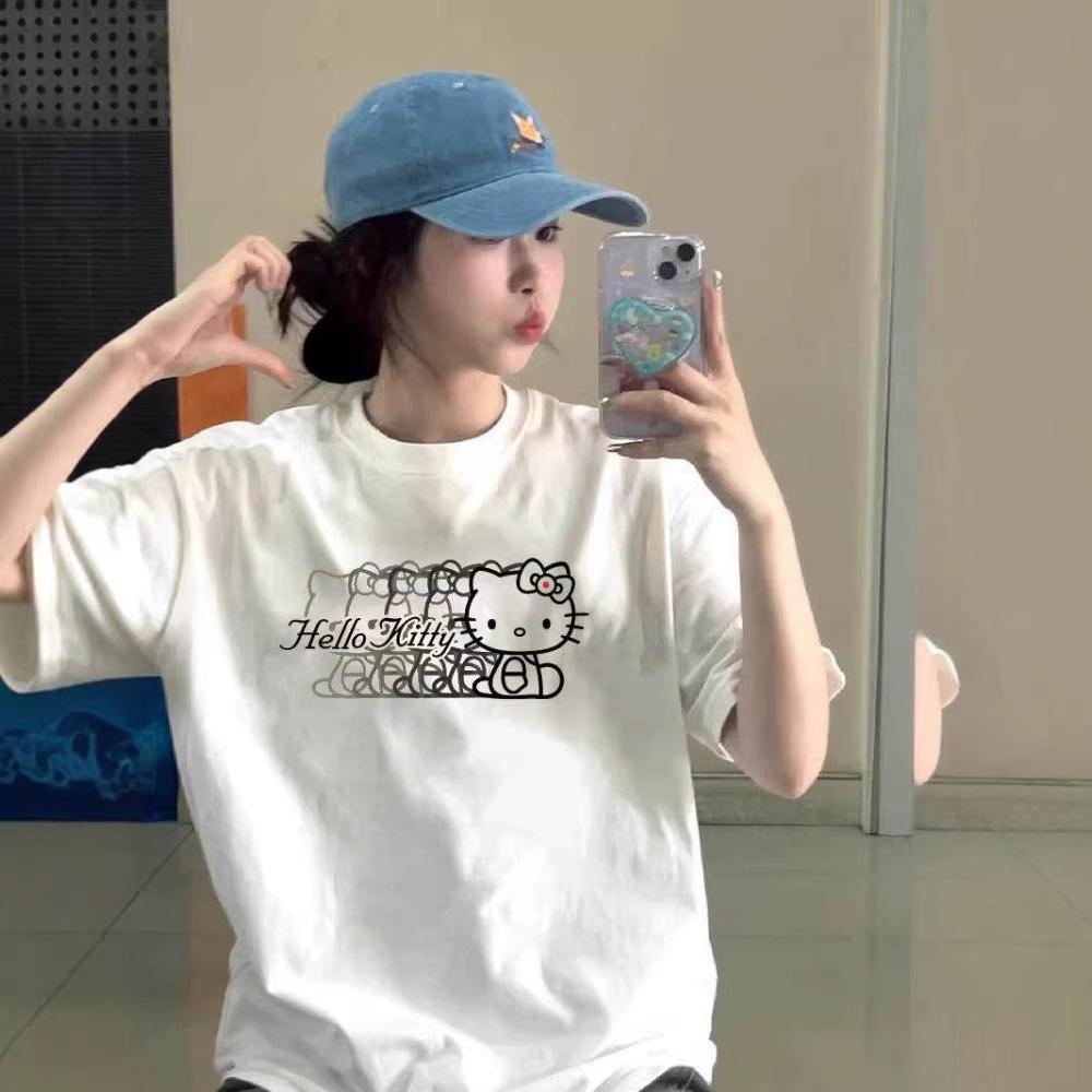 Cotton Kitty Cat White Short-sleeved T-shirt Women's Summer American High Street Design Sense Niche Half-sleeved Loose Top