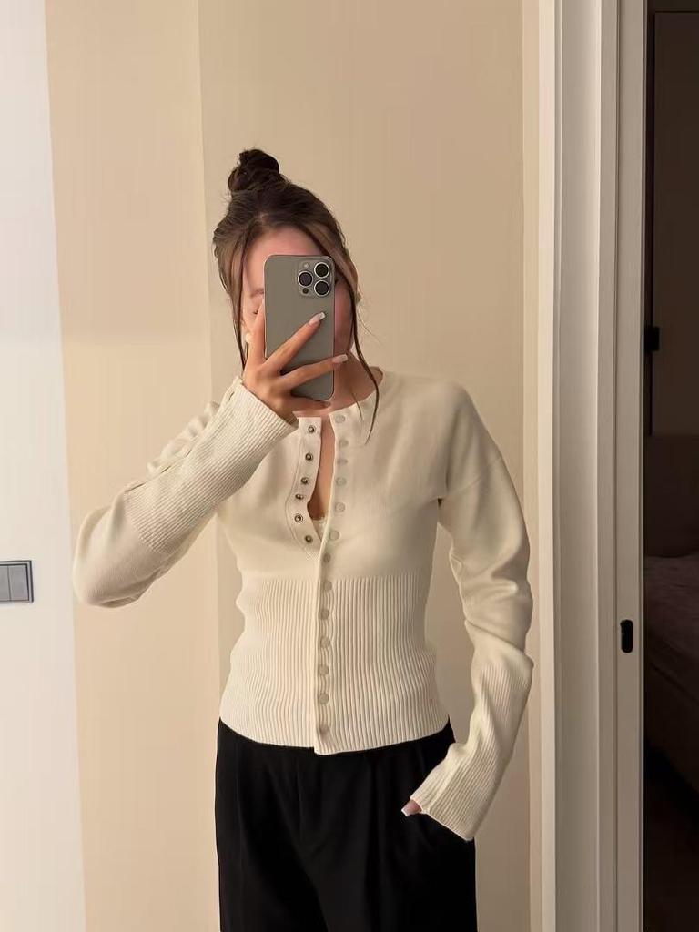 New French Classic Round Neck Knit Cardigan - Women's Autumn/Winter Sweater