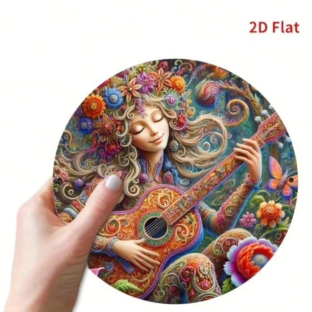 Vintage Guitar Flower Metal Wall Art, Round Tin Sign for Bar