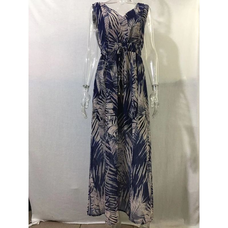 

Летнее Новое Платье на Бретельках с Открытой Спиной и Принтом Feather leaves Blue XL