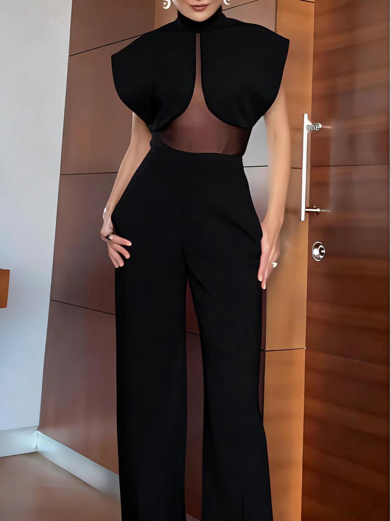 2026 High Neck Mesh Patchwork Top & Slit Long Pants Set S чёрный