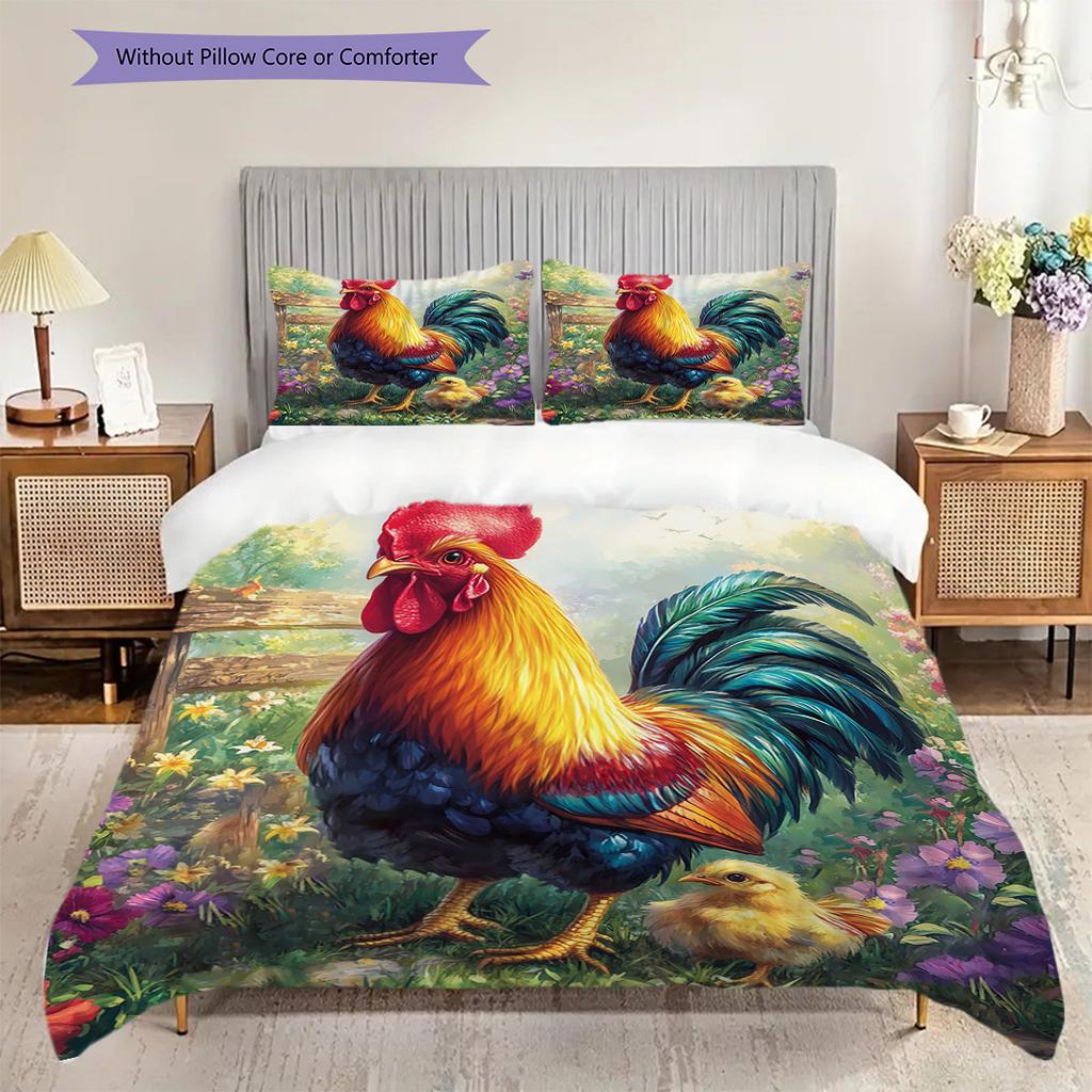 Rooster Pattern Bedding Quilt Set Quilt Cover Pillowcase Home Decoration Birthday Gift (1 * duvet cover + 2 * pillowcase, without core)