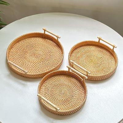 Portable 1PC Rattan Bread Storage Woven Snacks Fruit Round Tray Picnic Binaural Tray Living Room Table Finishing
